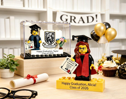 Personalized Minifigure Set with Custom Display Case, Custom Graduation Mini Figure, 2026 Graduation Gift, Funny Grad Gift for Him/Her