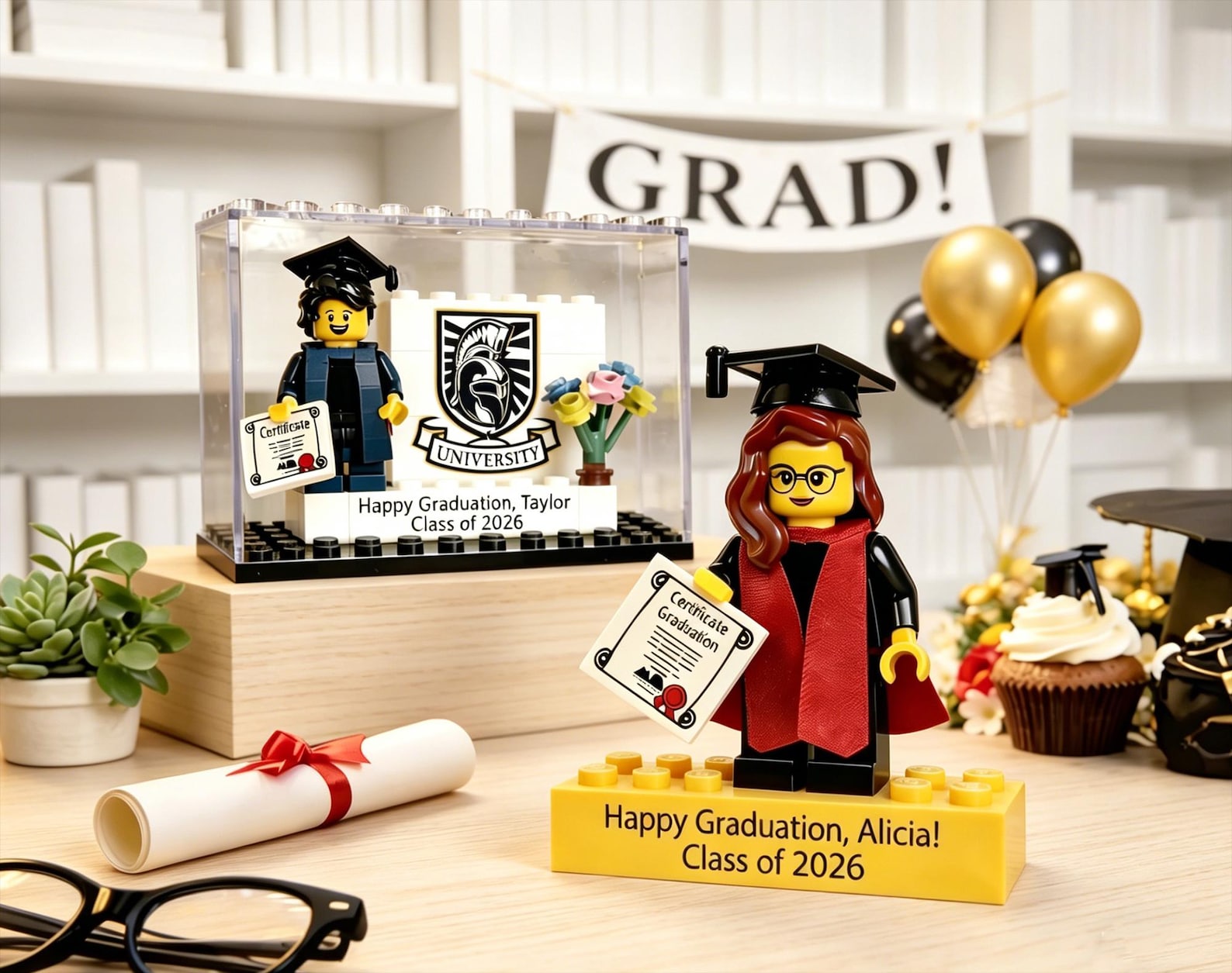 Personalized Minifigure Set with Custom Display Case, Custom Graduation Mini Figure, 2026 Graduation Gift, Funny Grad Gift for Him/Her