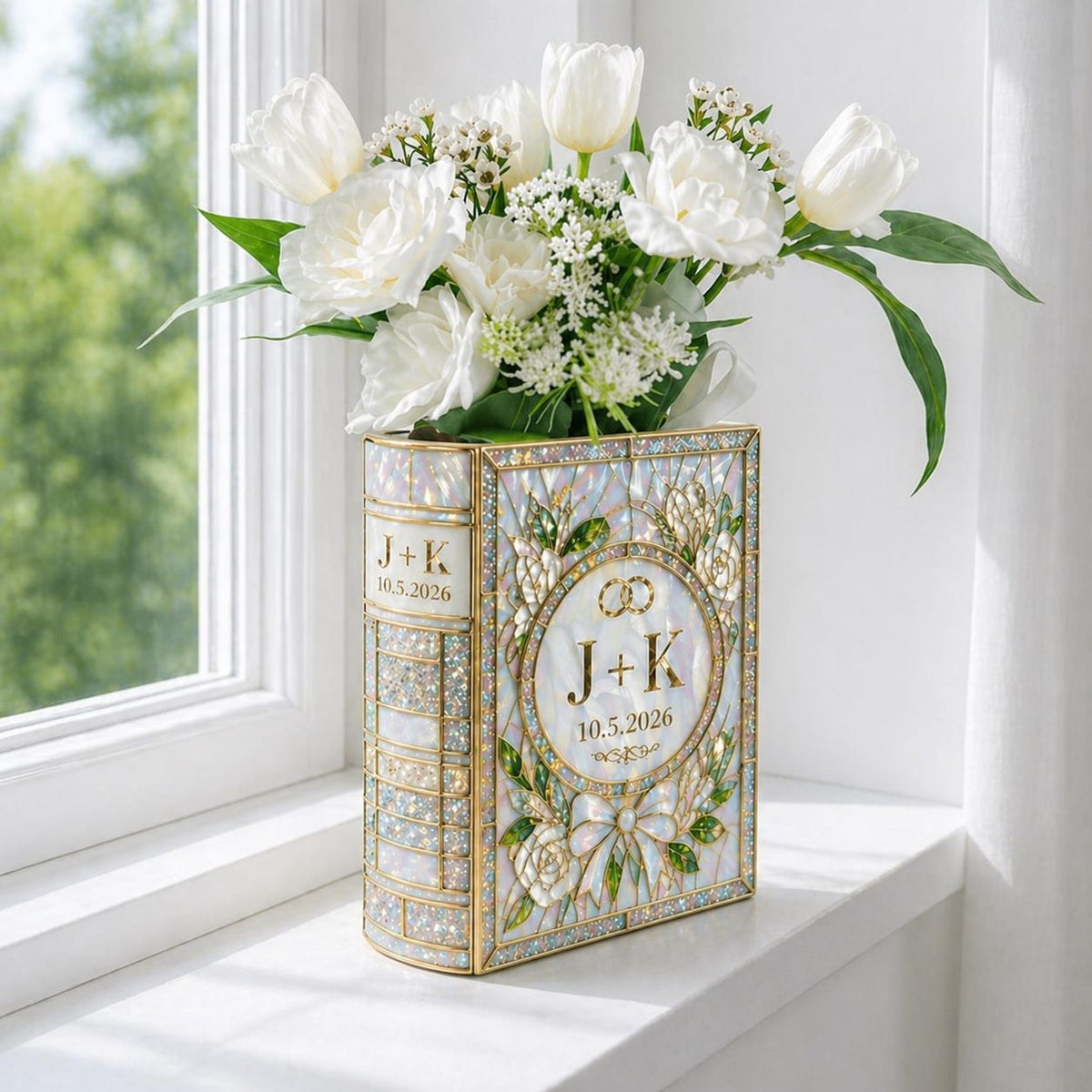 Personalized Wedding Book Vase, Custom Couple Initials Vase, Pearl Floral Book Vase, Bridal Shower Gift, Anniversary Keepsake