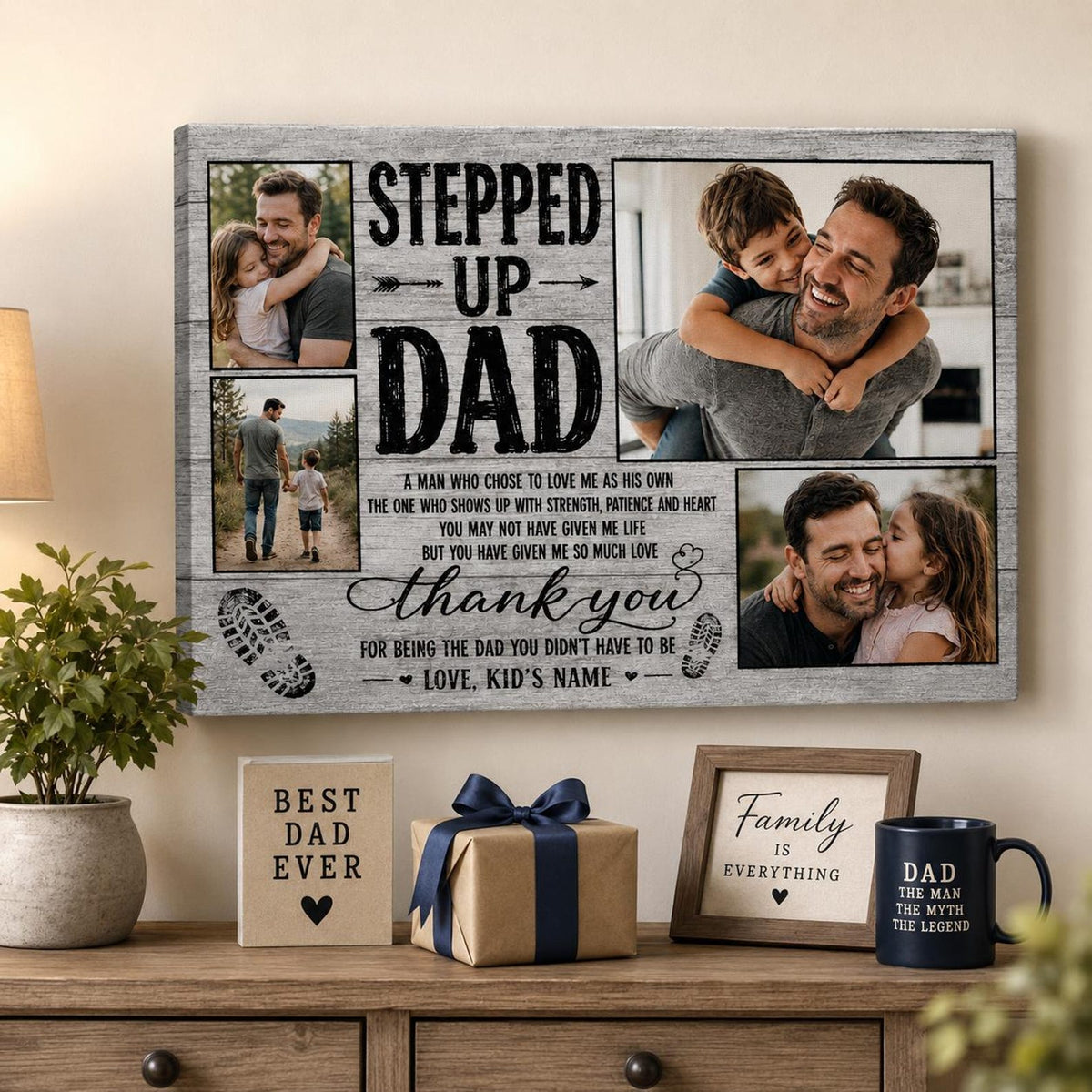 Stepped Up Dad, Stepdad Photo Collage Wall Art, Father s Day, Bonus Dad Gift, Family Picture, Gift For Him, Rustic Farmhouse Home