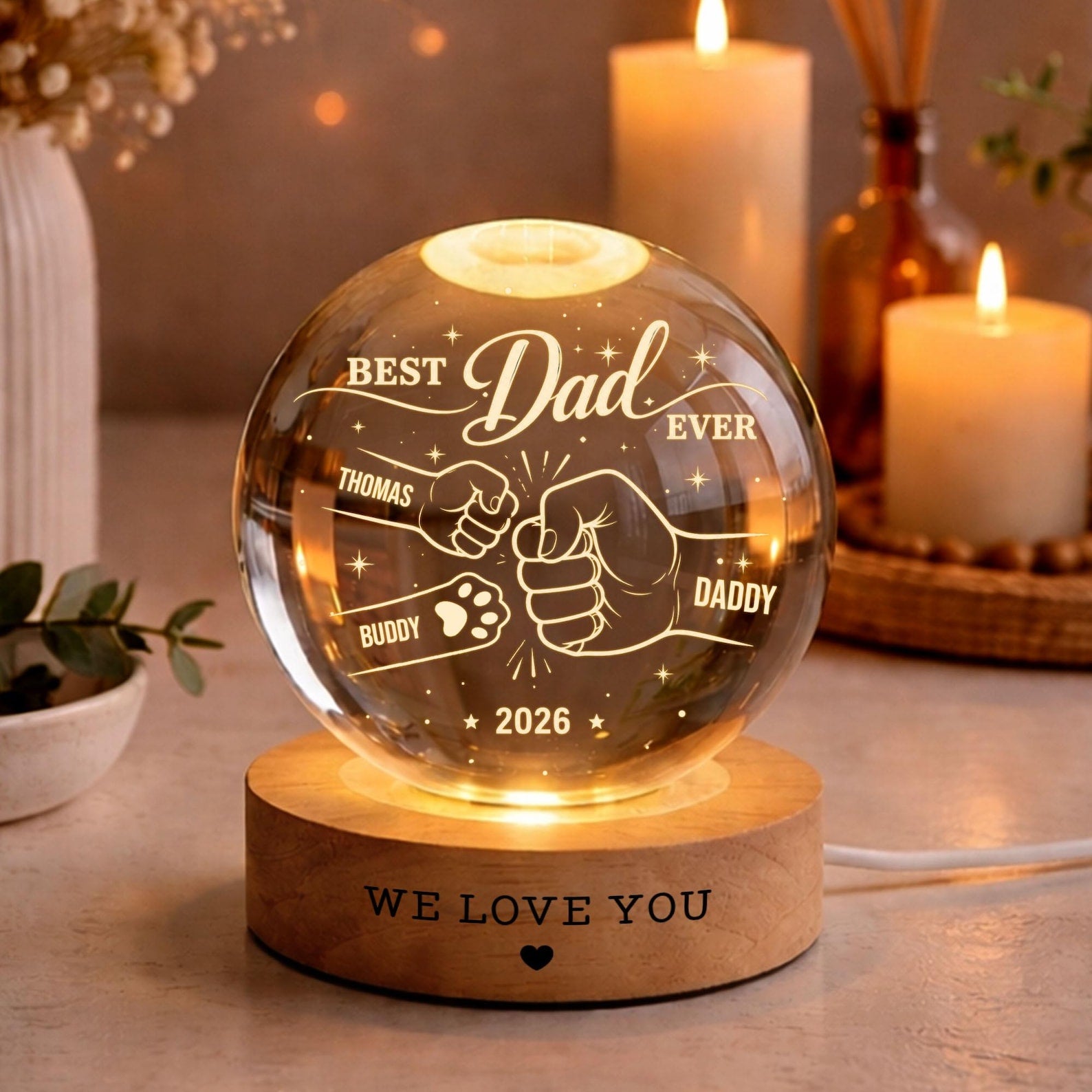Personalized Crystal Ball Night Light, Father s Day Gift for Dad, Custom Dad Grandpa Kids Holding Hands Gift, Grandpa Gift,Dad Birthday Gift