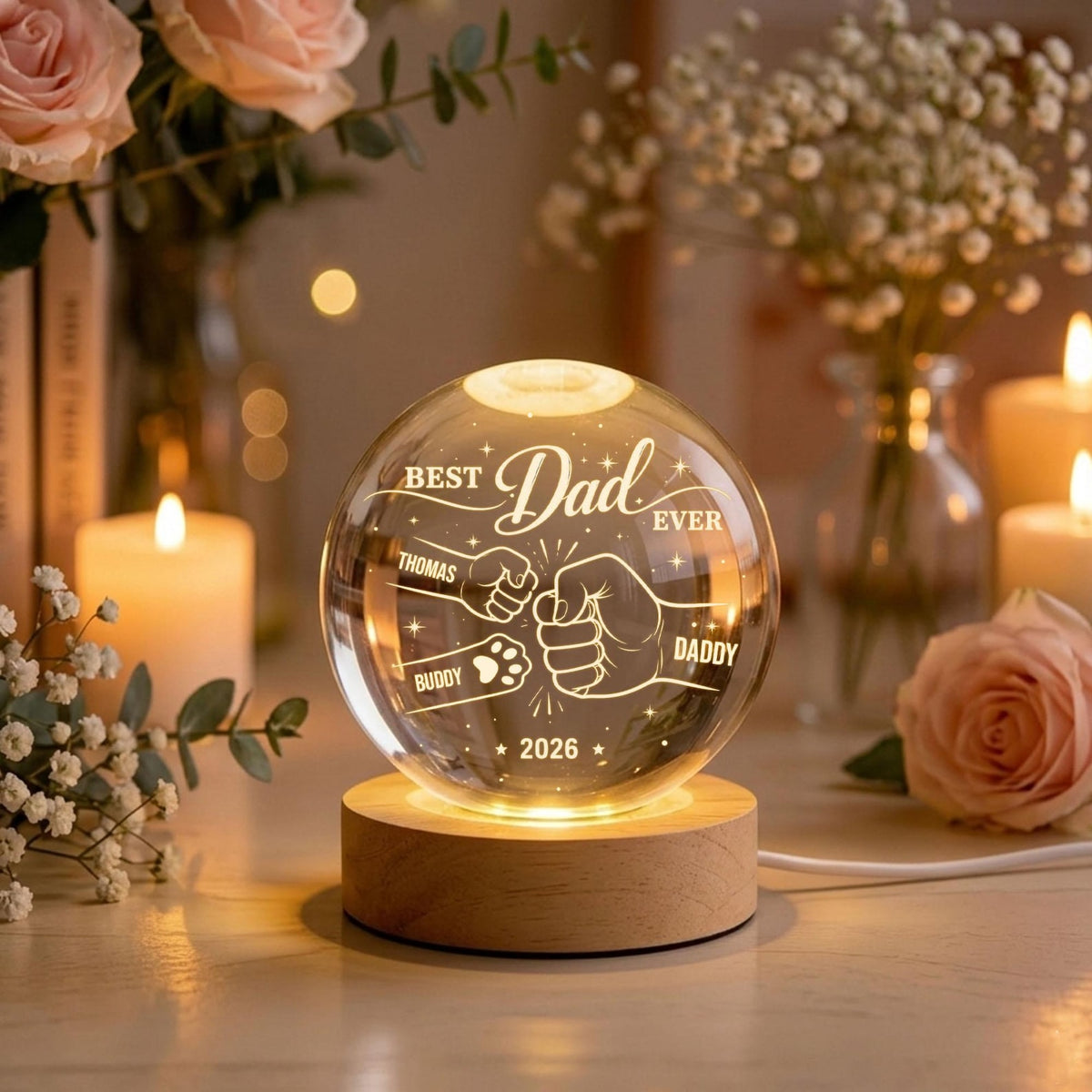 Personalized Crystal Ball Night Light, Father s Day Gift for Dad, Custom Dad Grandpa Kids Holding Hands Gift, Grandpa Gift,Dad Birthday Gift