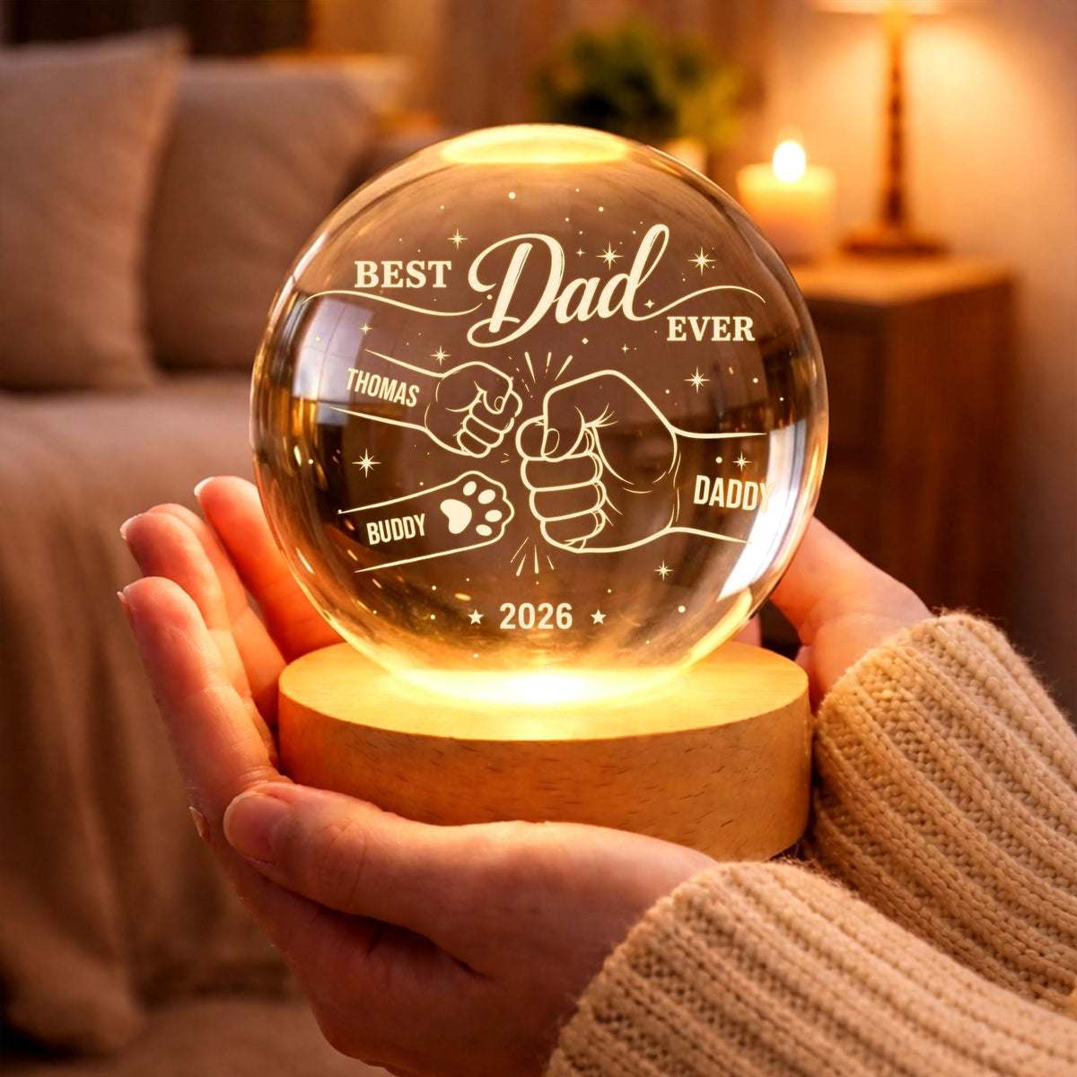 Personalized Crystal Ball Night Light, Father s Day Gift for Dad, Custom Dad Grandpa Kids Holding Hands Gift, Grandpa Gift,Dad Birthday Gift