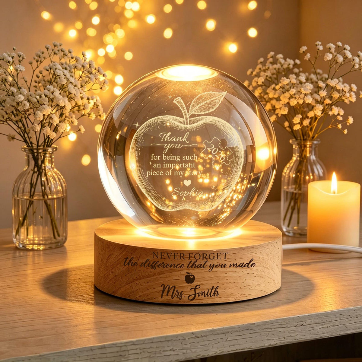Custom Teacher Appreciation Crystal Ball Night Light,Apple LED Night Light Gift,Personalized Thank You Teacher Gift,End of Year Teacher Gift