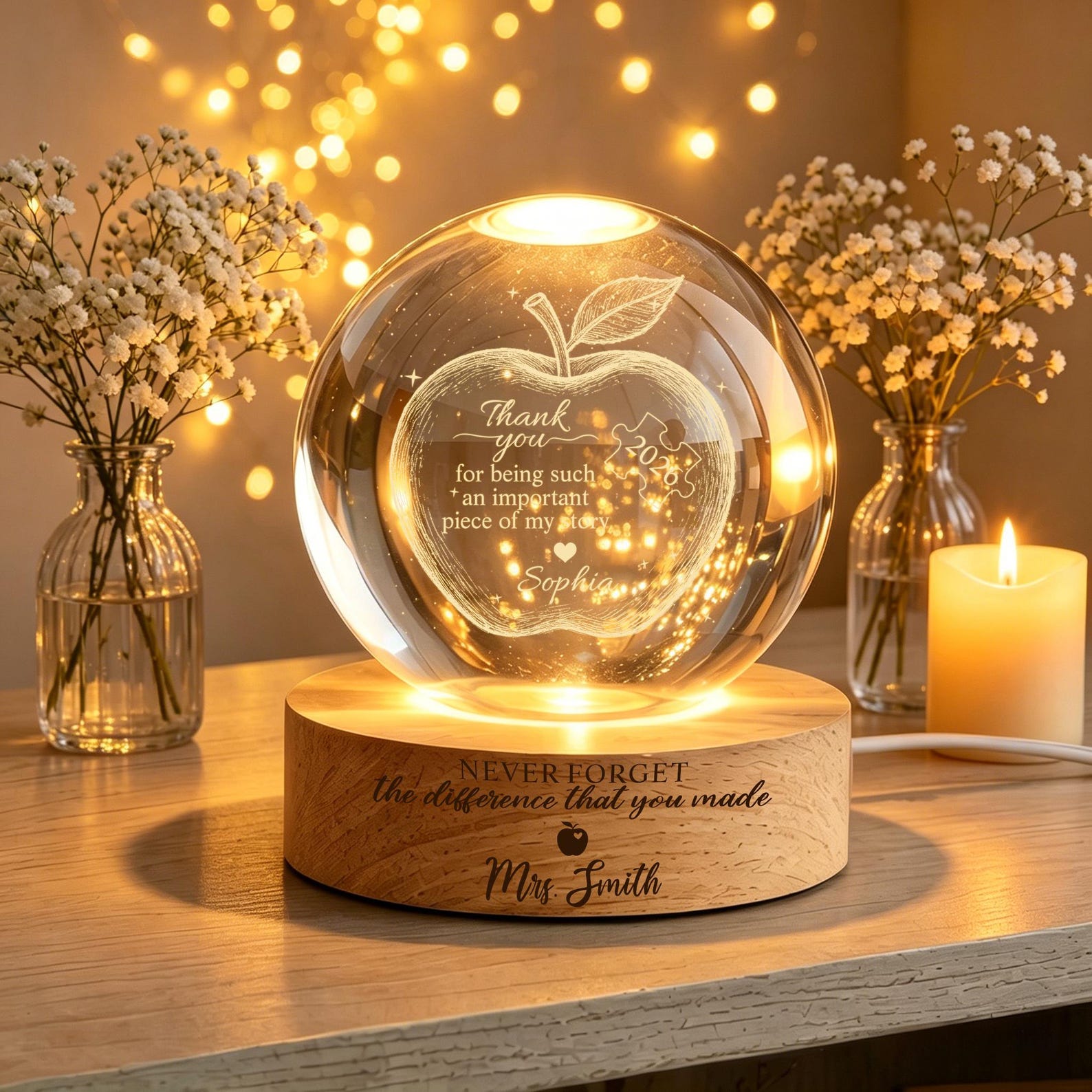 Custom Teacher Appreciation Crystal Ball Night Light,Apple LED Night Light Gift,Personalized Thank You Teacher Gift,End of Year Teacher Gift