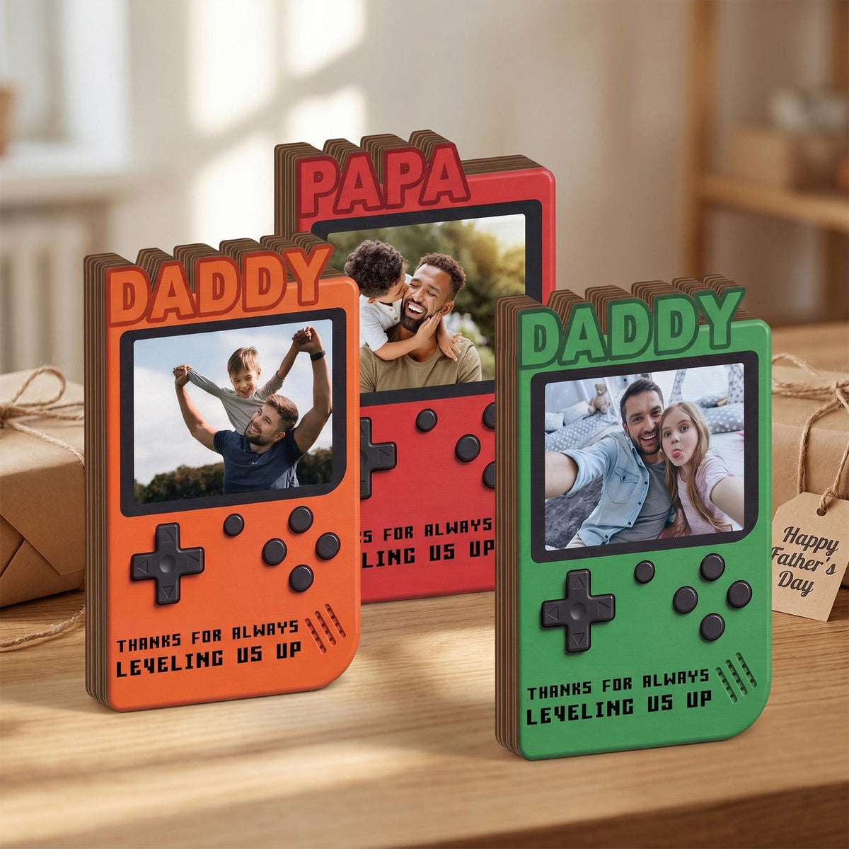 Personalized Fathers Day Gift for Gamer Dad, Custom Photo Dad Frame, Retro Game Console Photo Wooden Block Sign, Game Lover Room Decor