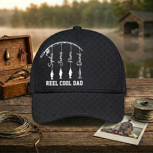 Personalized Reel Cool Dad Cap, Fathers Day Gift, Dad Fishing Hat, Fishing Gift for Grandpa, Fisherman Papa & Kid Name Classic Cap