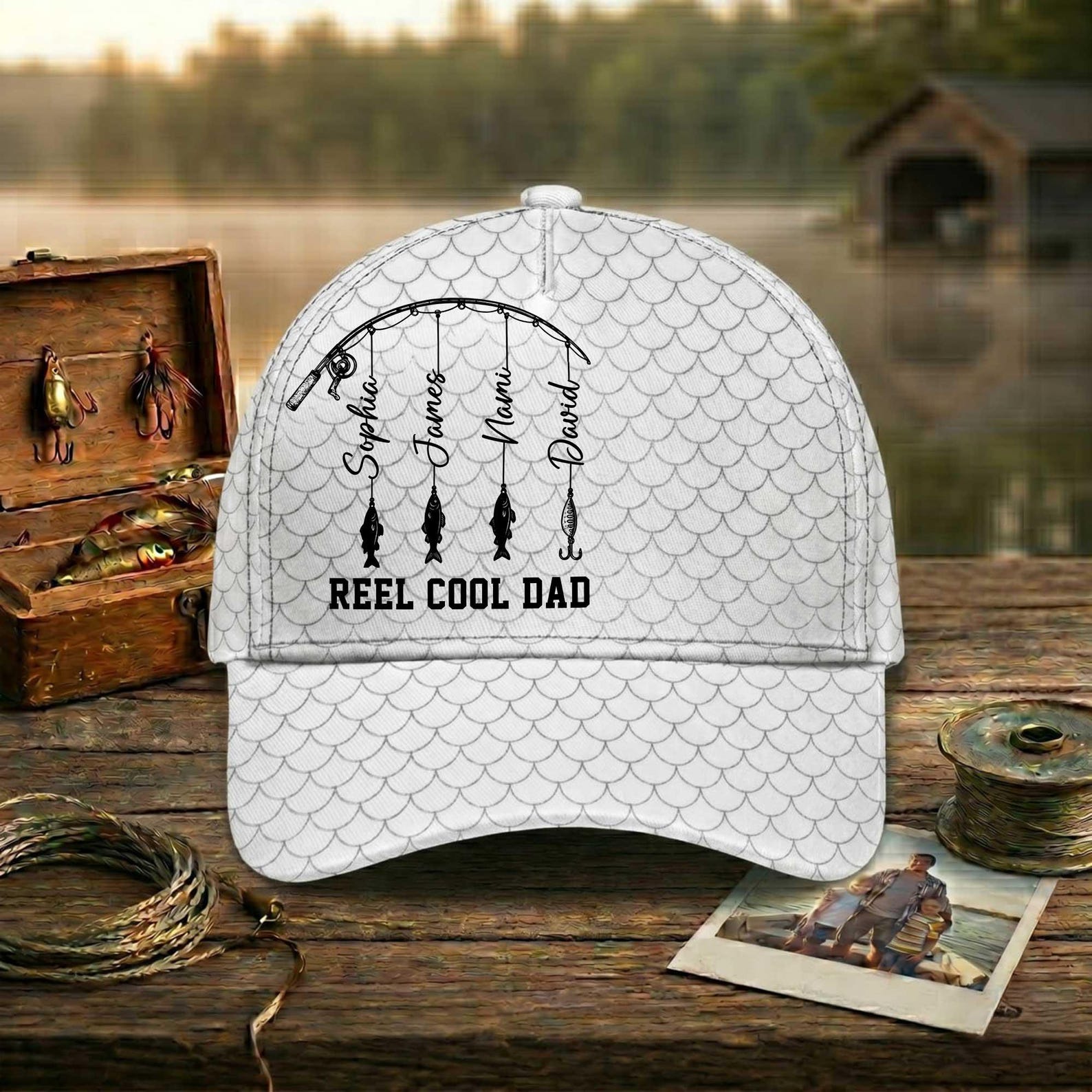 Personalized Reel Cool Dad Cap, Fathers Day Gift, Dad Fishing Hat, Fishing Gift for Grandpa, Fisherman Papa & Kid Name Classic Cap