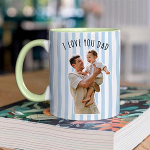 Custom Photo Striped Mug for Dad, Personalized Father and Son Picture Cup, Best Dad Gift with Custom Name, Gift for Grandpa, New Dad Gift