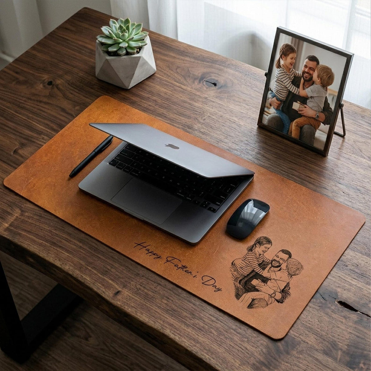 Personalized Dad We Love You Custom Photo Sketch Line Art Desk Mat, Father's Day Gift For Husband, Daddy & Kid Picture Desk Pad Mouse Mat