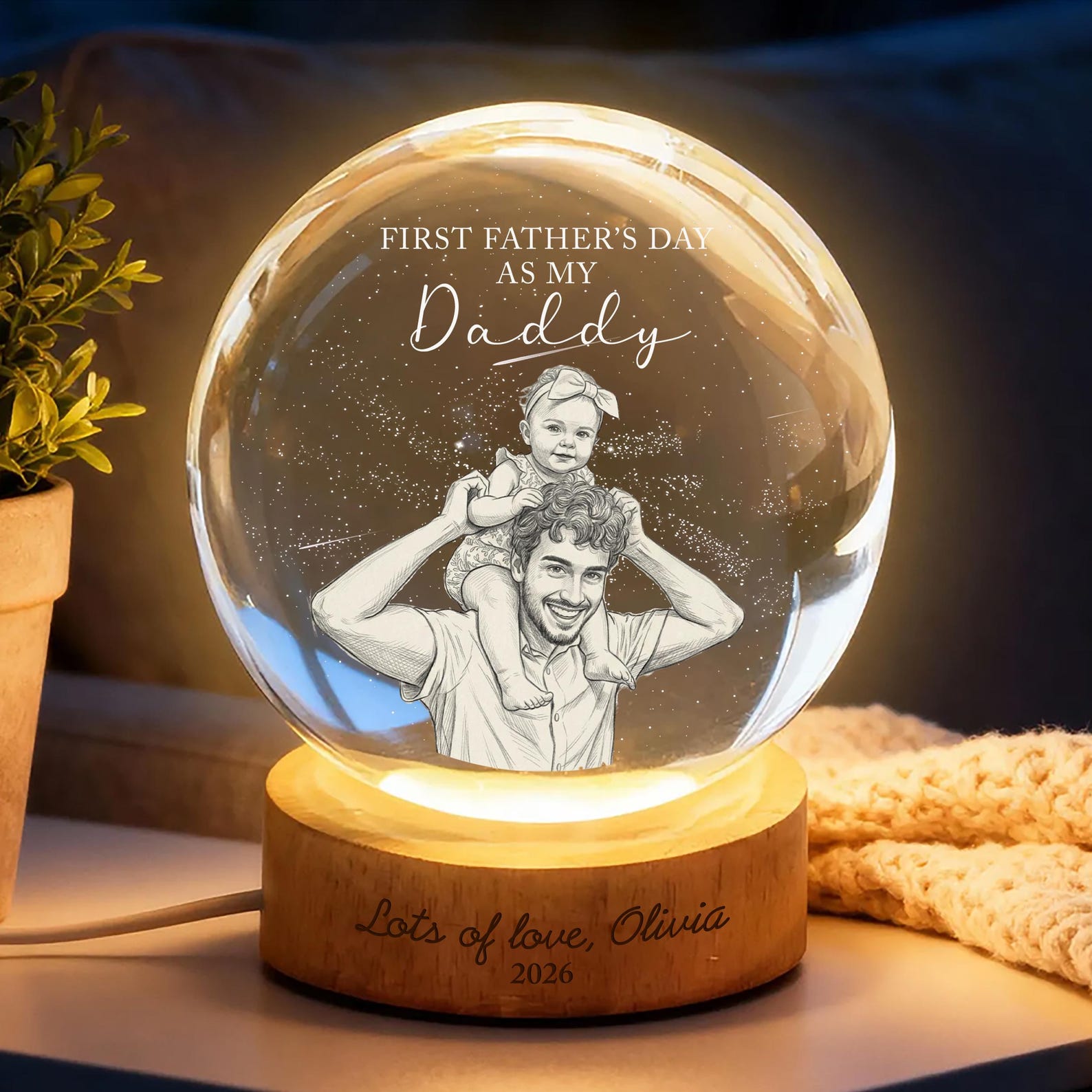 First Father's Day Photo Crystal Ball Night Light, Personalized Dad Gift New Dad Gift 1st Fathers Day Present from Baby Keepsake, Daddy Papa