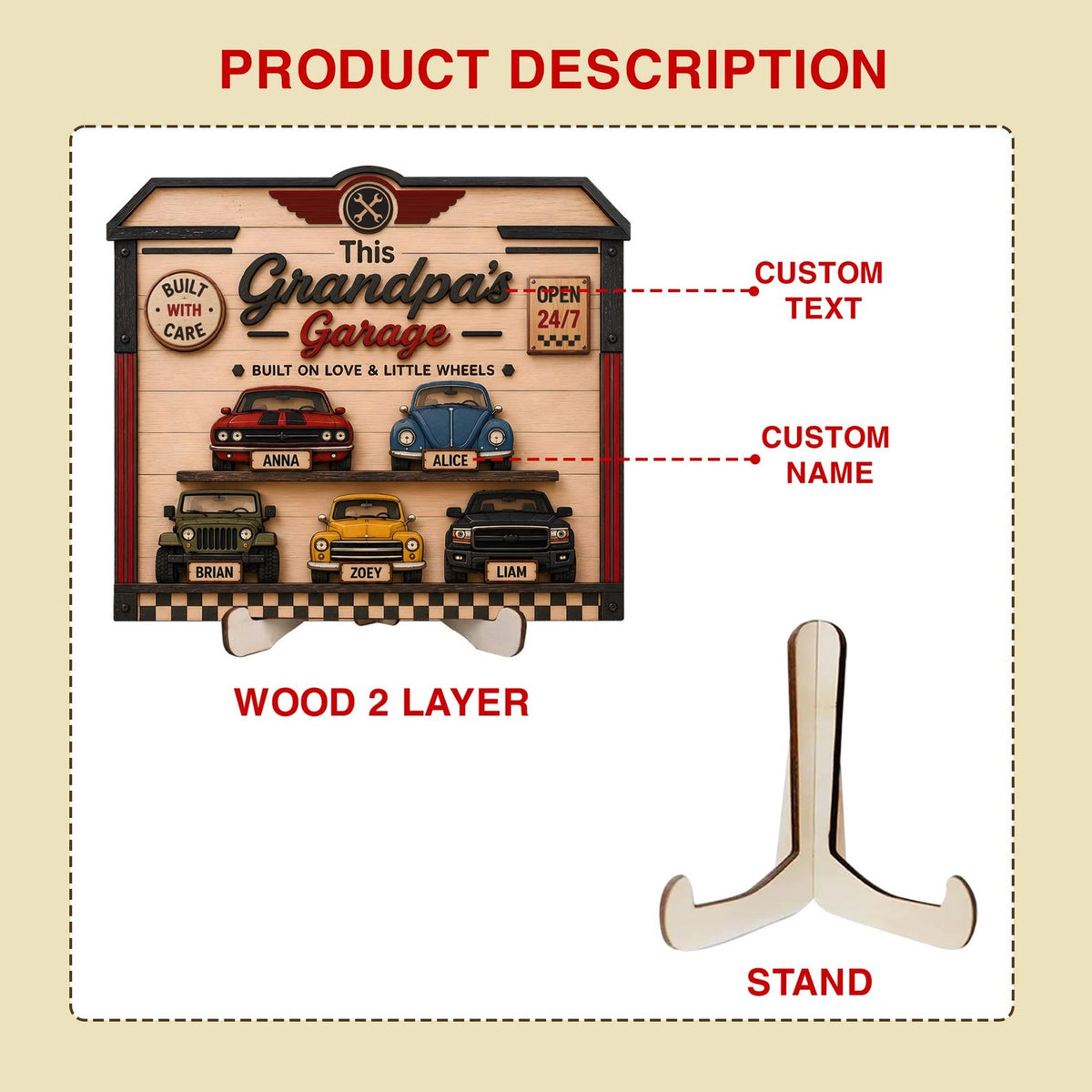 Personalized Grandpa's Garage Wood Sign, Custom Kids Name Car Decor, Father's Day Gift for Grandpa, Garage Wall Art, Classic Car Lover Gift