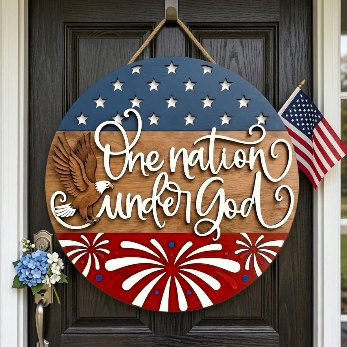 USA 250th Anniversary Sign, Patriotic Door Hanging Decor, Semiquincentennial Floral Wall Art, American Flag 1776-2026 Wooden Door Hanger