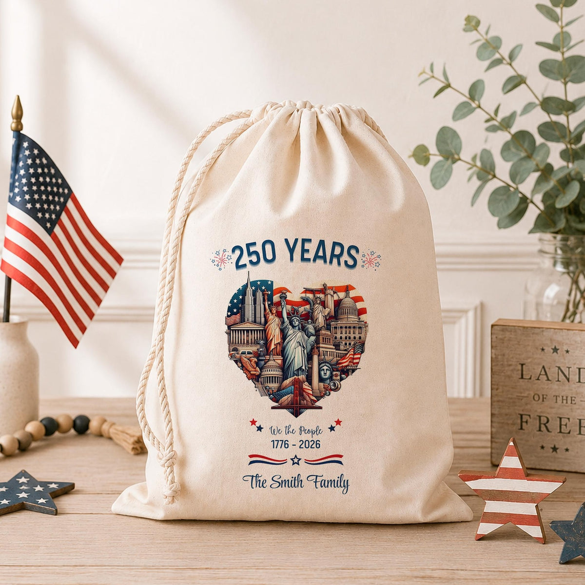 Personalized America 250 Santa Sacks, USA 250th Anniversary Cotton Gift Sack, We The People Patriotic Party Favor, Custom Family Name Bag