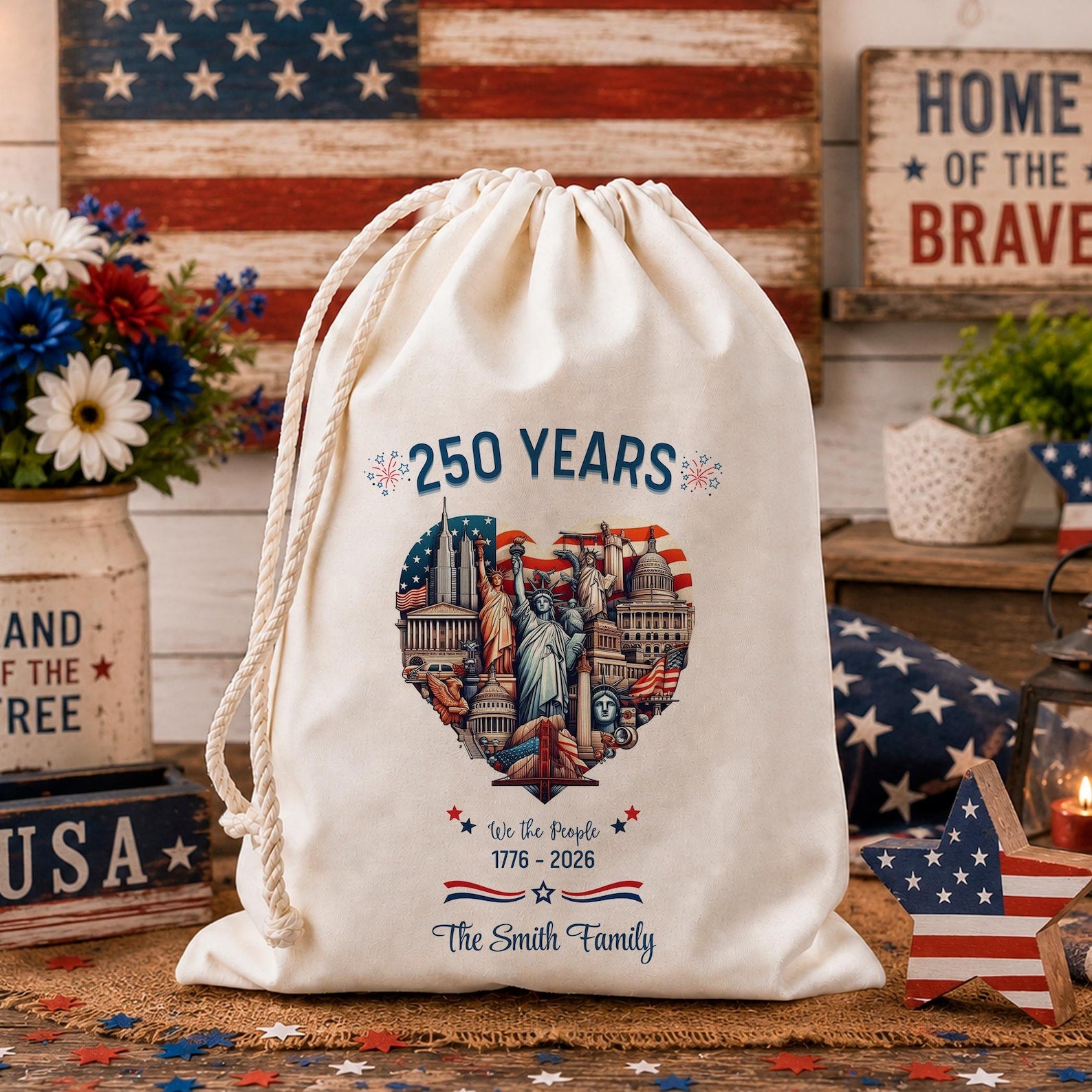 Personalized America 250 Santa Sacks, USA 250th Anniversary Cotton Gift Sack, We The People Patriotic Party Favor, Custom Family Name Bag