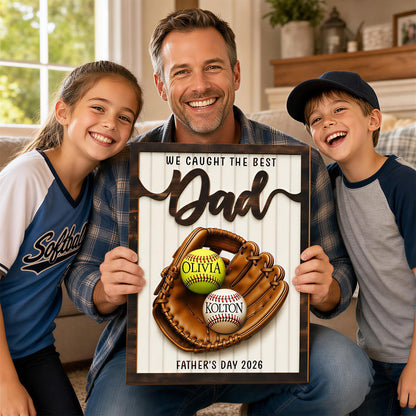 Father's Day Baseball Plaque, Custom Wooden Frame, Kids Names Sign Father
