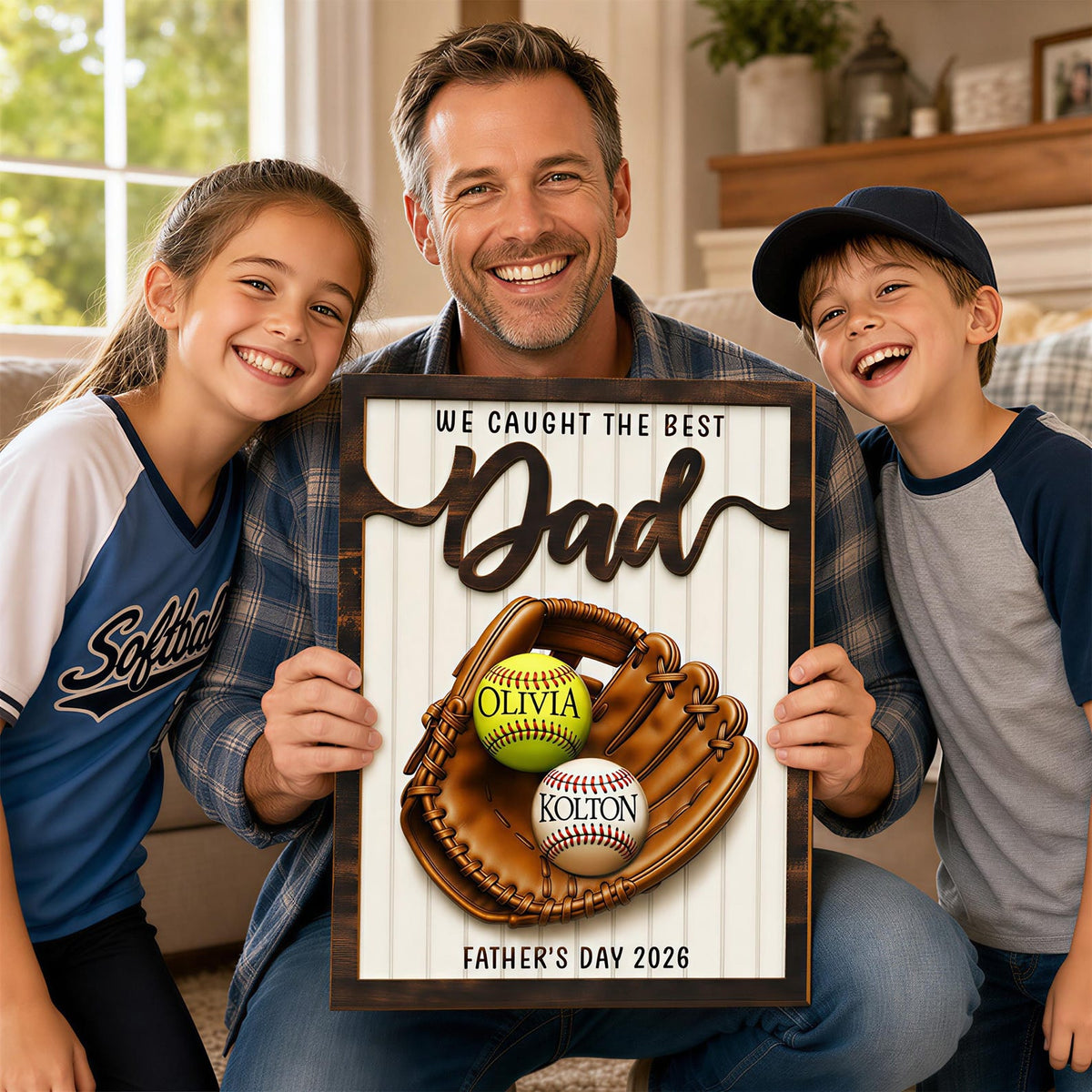 Father's Day Baseball Plaque, Custom Wooden Frame, Kids Names Sign Father