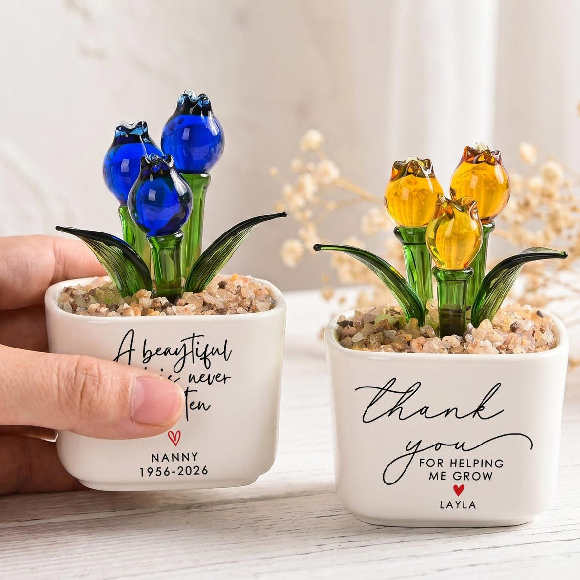 Personalized Stained Glass Flower Pot, Thank You for Helping Me Grow Gift, Custom Teacher Appreciation Gift, Memorial Desk Decor