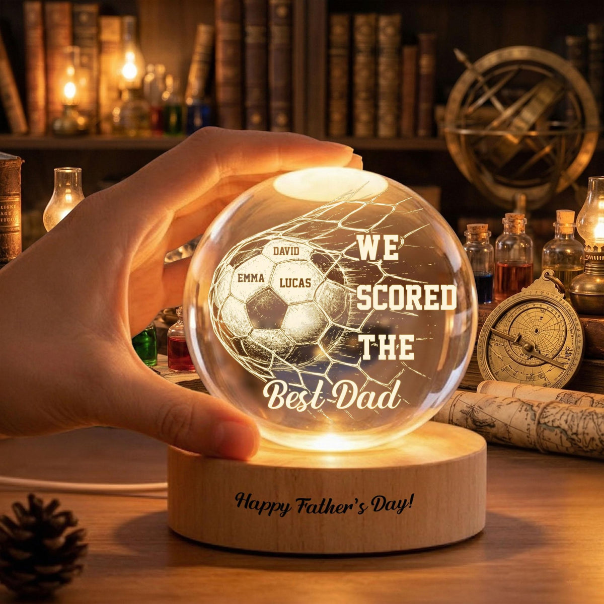 We Scored the Best Dad, Personalized Soccer Dad Crystal Ball Night Light, Custom Name Gift for Soccer Dad