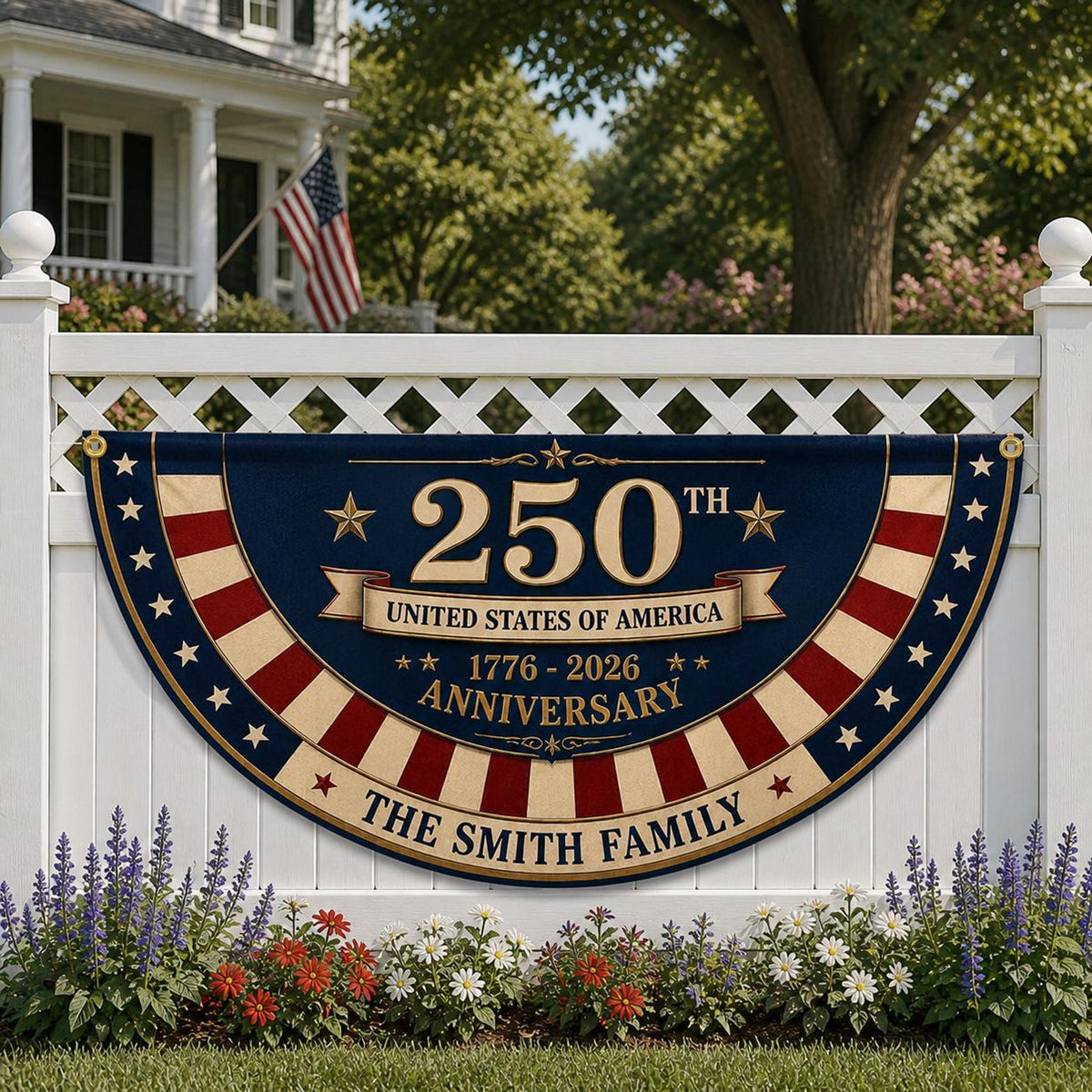 Personalized 250th Anniversary Bunting Flag, Custom Family Name Patriotic Banner 1776-2026, USA Semiquincentennial Decor, 4th of July Flag