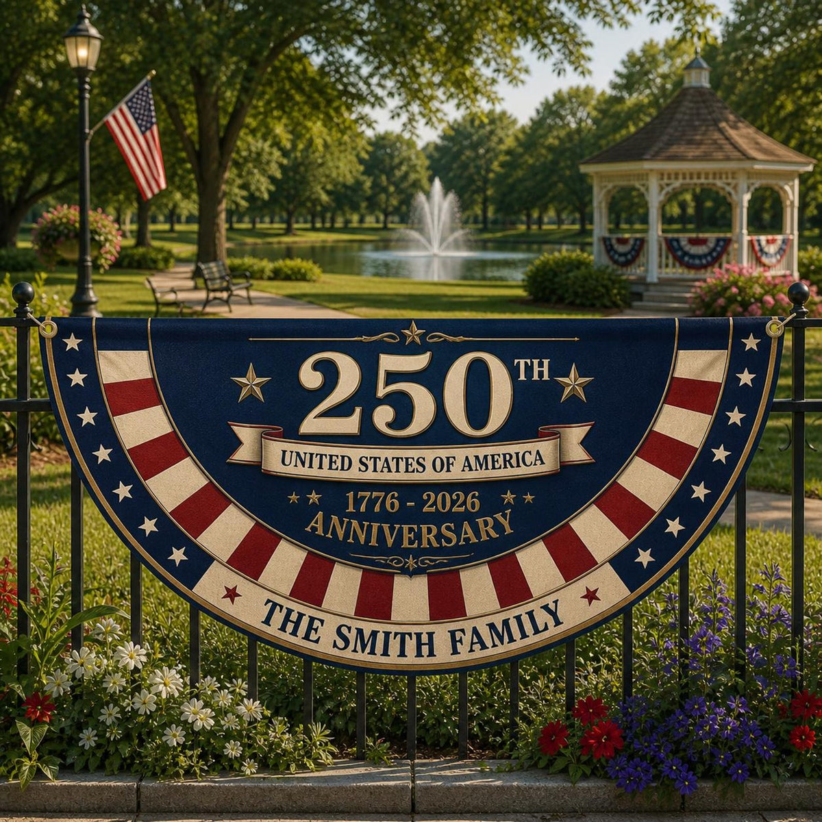 Personalized 250th Anniversary Bunting Flag, Custom Family Name Patriotic Banner 1776-2026, USA Semiquincentennial Decor, 4th of July Flag