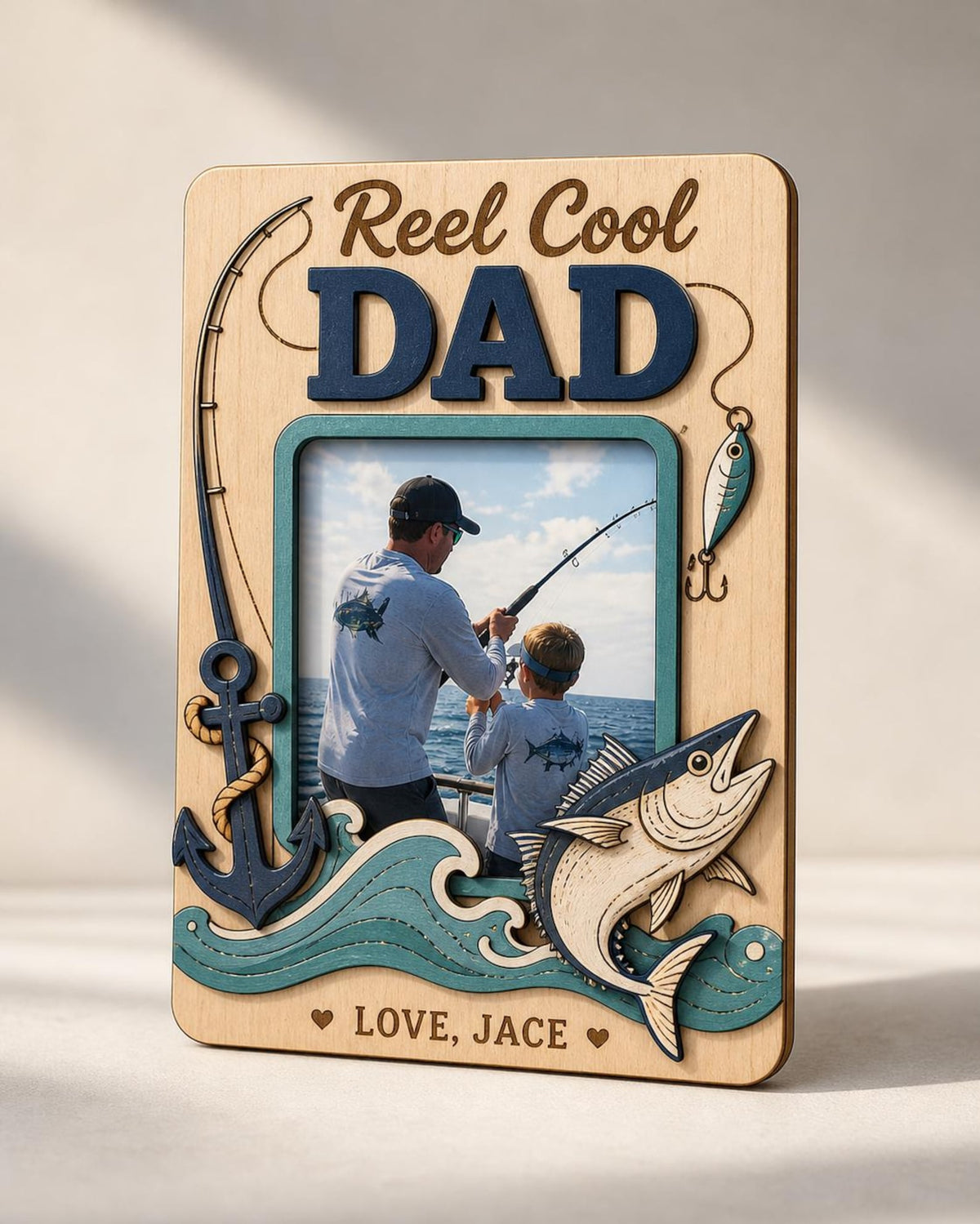 Personalized Fishing Magnet for Dad, Custom Photo Wooden Fridge Frame, Reel Cool Dad Gift, Father's Day Picture Magnet, Best Catch Ever Gift