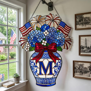 USA 250th Anniversary Flag Bow Faux Stained Glass Acrylic Hanging, Blue Hydrangeas Chinoiserie Vase 1776-2026 Decor, Patriotic Suncatcher