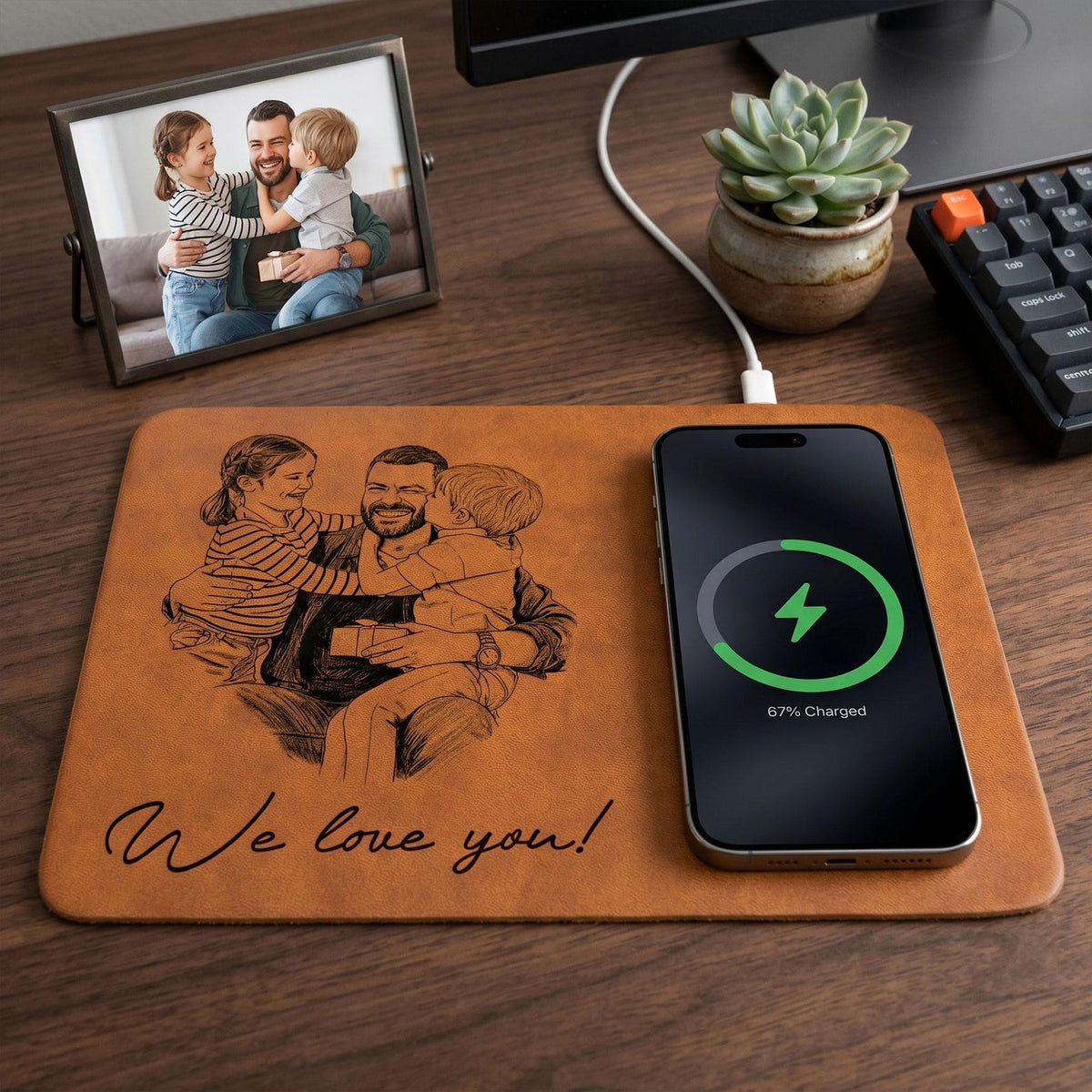 Personalized Fathers Day Gift Custom Photo Sketch Charging Pad, Custom Wireless Charger Pad For Husband Dad, Office Husband Desk Decor