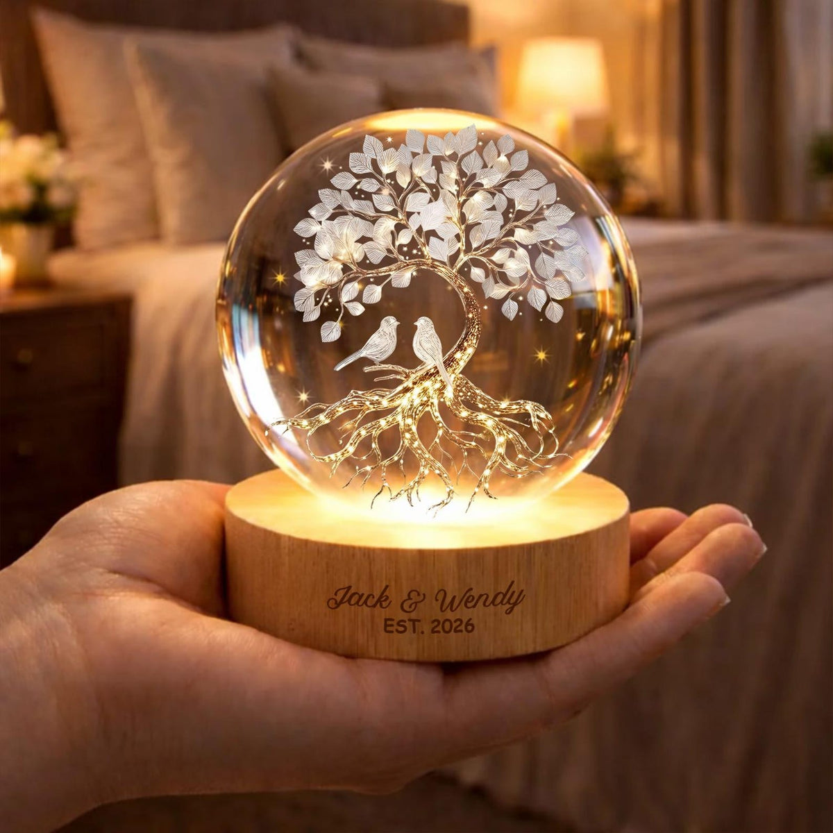 Personalized Couple Crystal Ball Lamp, Custom Love Tree Night Light, Romantic Anniversary Gift for Couples, Wedding Keepsake