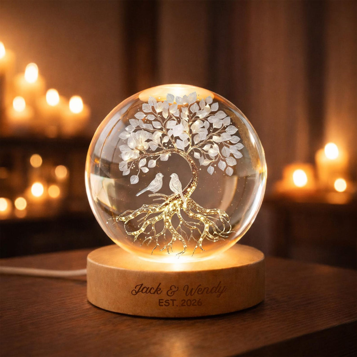 Personalized Couple Crystal Ball Lamp, Custom Love Tree Night Light, Romantic Anniversary Gift for Couples, Wedding Keepsake