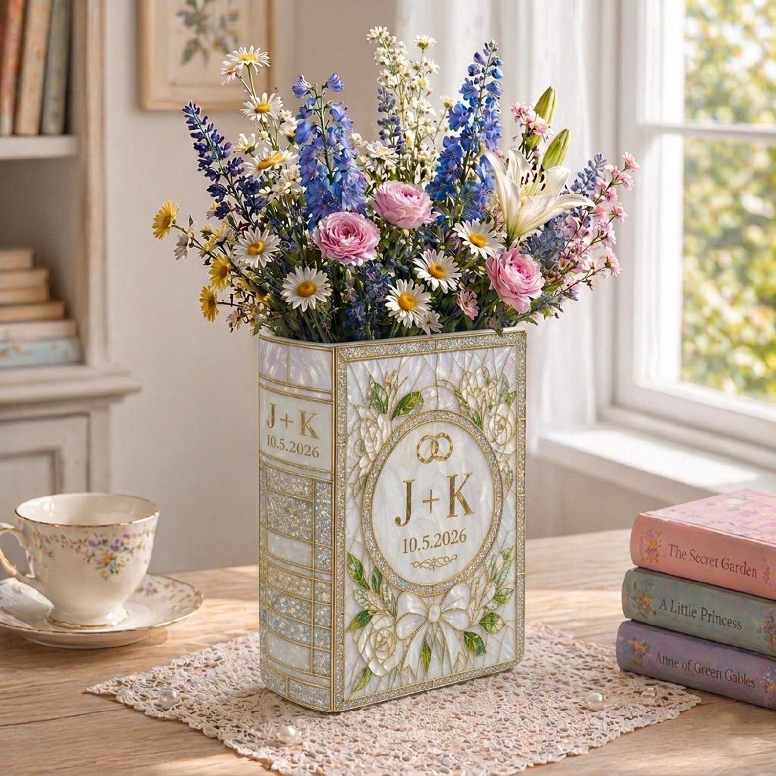 Personalized Wedding Book Vase, Custom Couple Initials Vase, Pearl Floral Book Vase, Bridal Shower Gift, Anniversary Keepsake