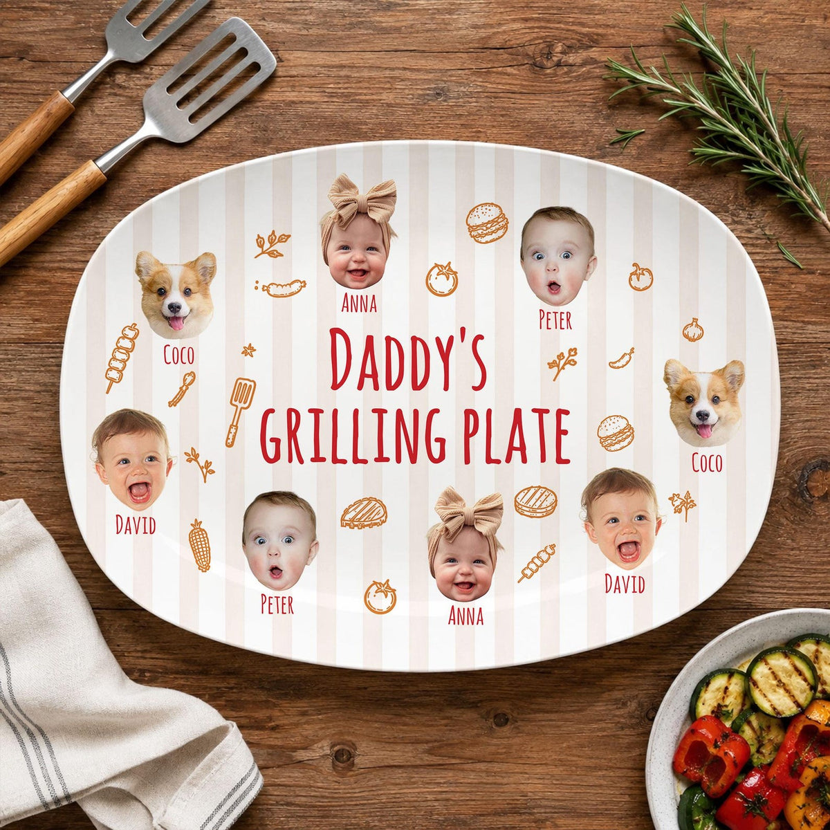 Personalized Pet & Kids Photo Dads Grilling Plate, Funny Kids Photo Platter, BBQ Dad Gift For Husband, Grandpa Gift, Fathers Day Gift Idea