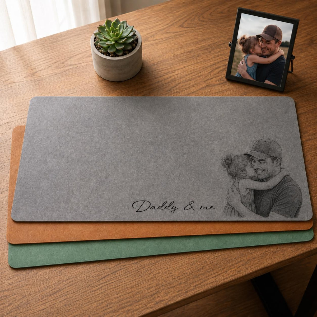 Personalized Dad Photo Leather Desk Mat, Custom Sketch Art Mouse Pad, Father s Day Gift for Daddy, Papa, Grandpa