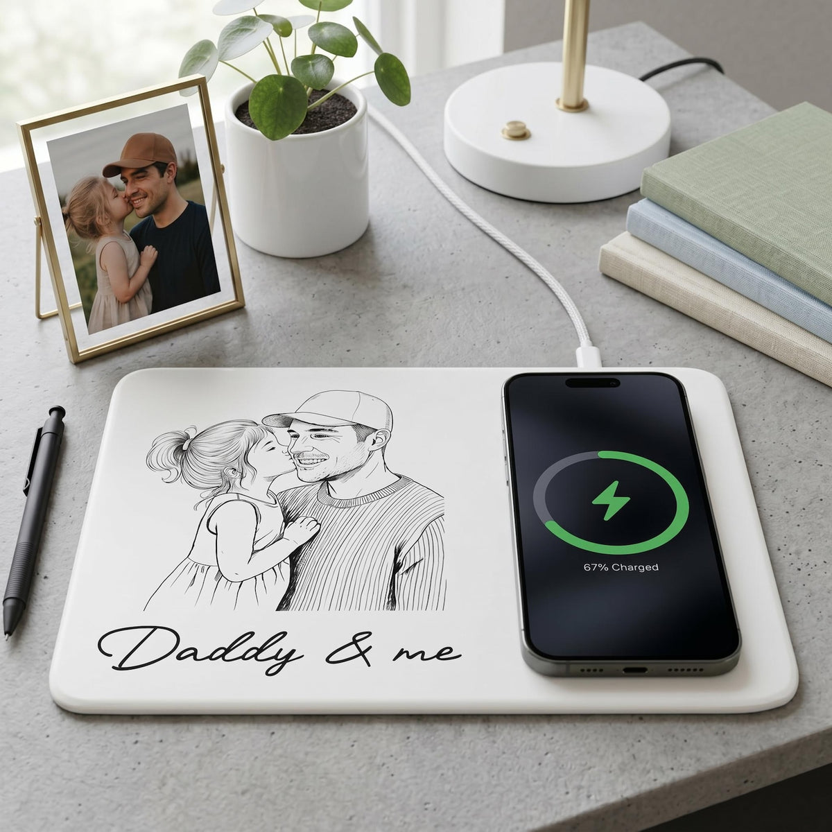 Personalized Fathers Day Gift Custom Photo Sketch Charging Pad, Custom Wireless Charger Pad For Husband Dad, Office Husband Desk Decor