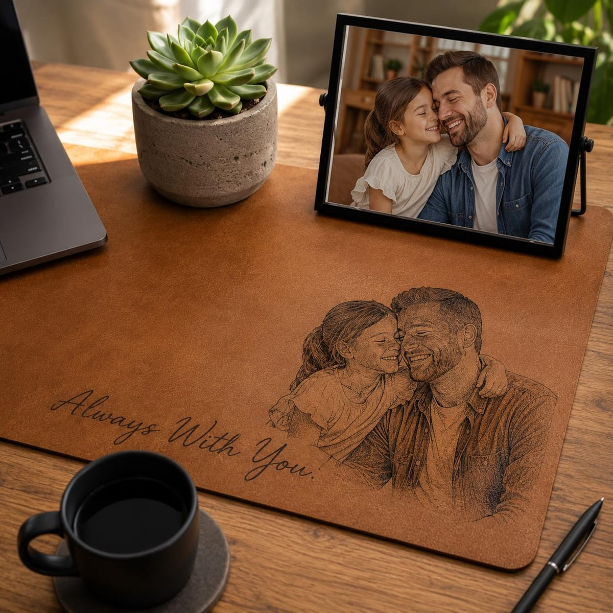 Personalized Dad Photo Leather Desk Mat, Custom Sketch Art Mouse Pad, Father s Day Gift for Daddy, Papa, Grandpa