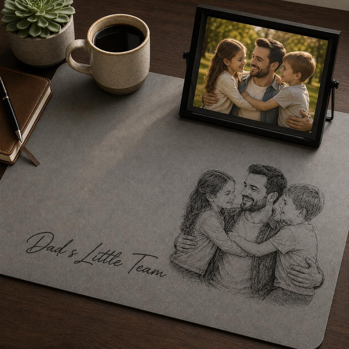 Personalized Dad Photo Leather Desk Mat, Custom Sketch Art Mouse Pad, Father s Day Gift for Daddy, Papa, Grandpa