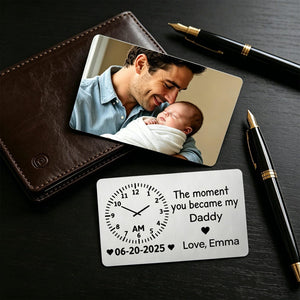 The Moment You Became My Daddy Memorial Gift, Custom Baby Photo Metal Wallet Card, Baby Birth Record Gift, Gift for New Dad,1st Father's Day