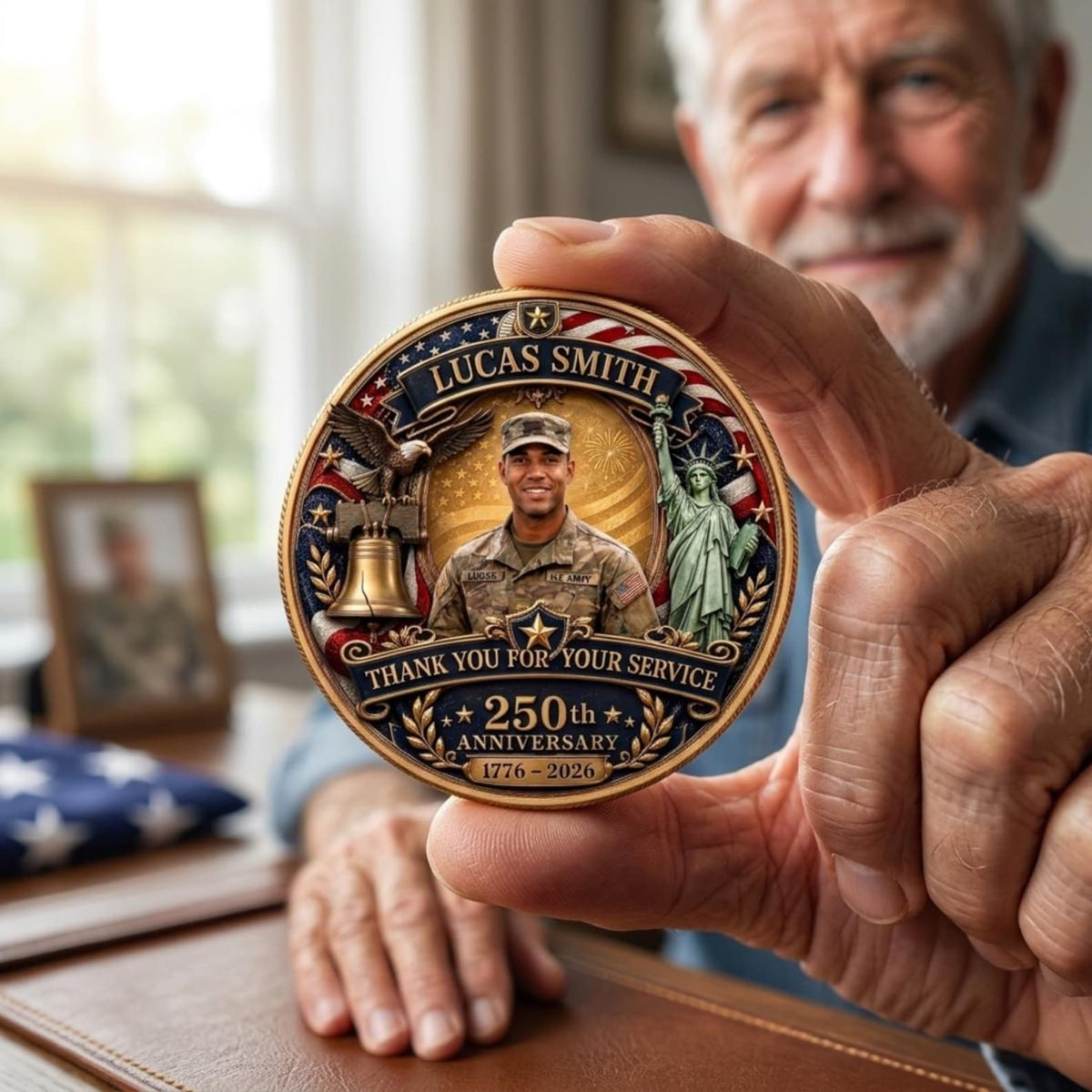 Personalized American 250th Anniversary Veteran Appreciation Gift, Custom Soldier Photo Coin, Thank You For Your Service, Patriotic Keepsake