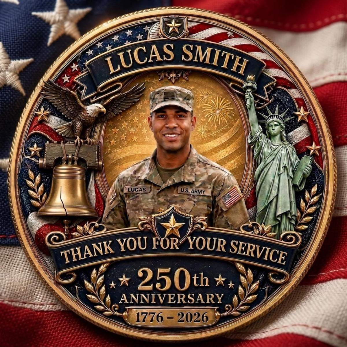 Personalized American 250th Anniversary Veteran Appreciation Gift, Custom Soldier Photo Coin, Thank You For Your Service, Patriotic Keepsake