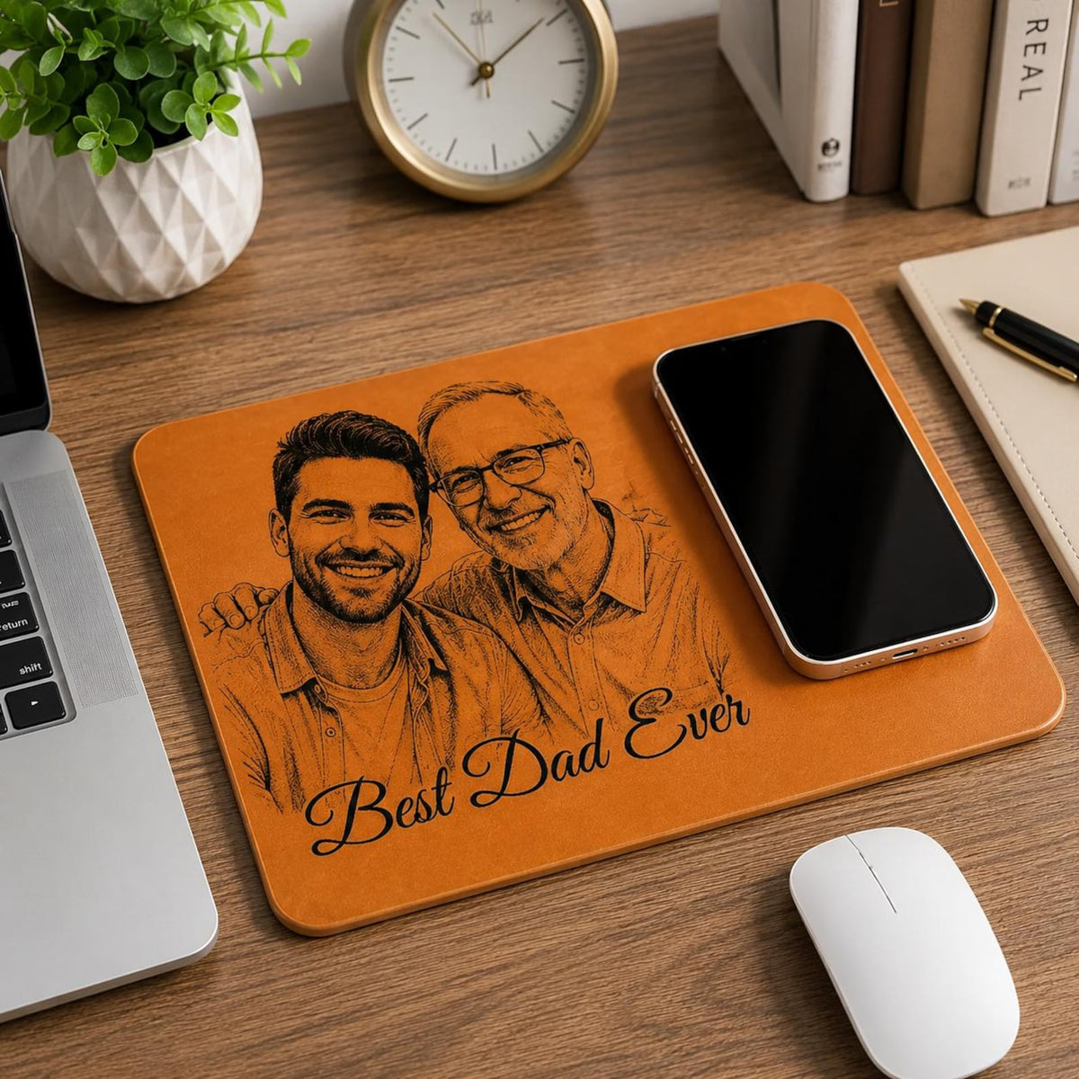 Custom Photo Sketch Line Art Wireless Charging Pad, Fathers Day 2026 Gift For Husband, Personalized Leather Charger Mat, Dad Office Decor