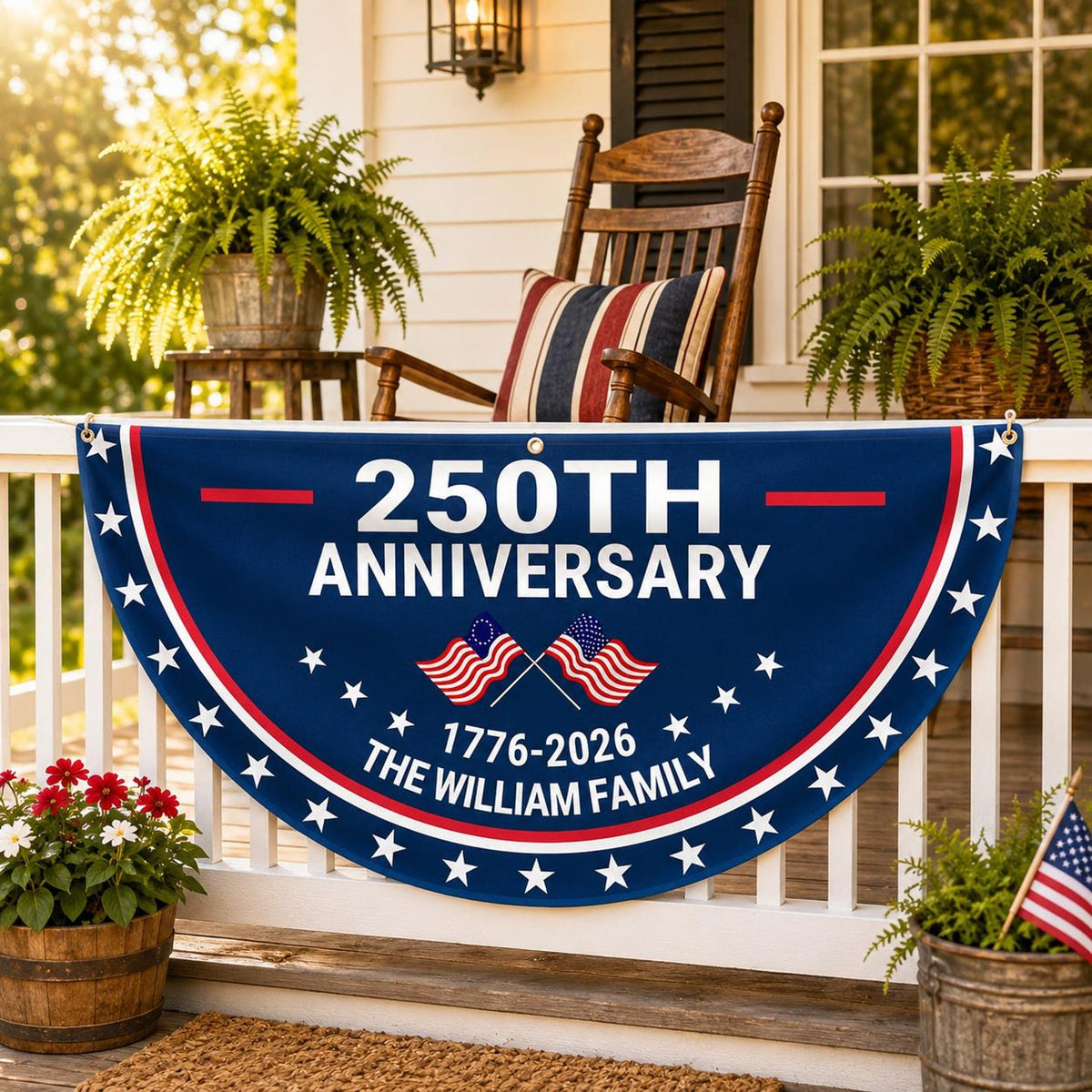 Personalized 250th Anniversary Semicircle Flag, Custom Family Name USA 1776 2026 Flag, Independence Day Patriotic Bunting Decor