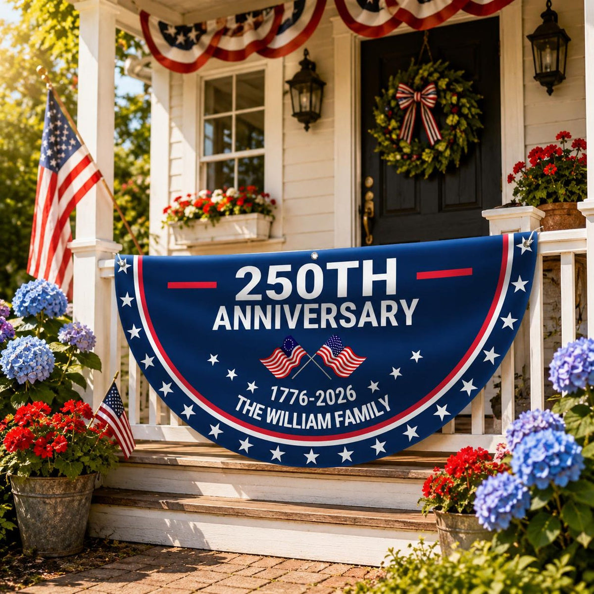 Personalized 250th Anniversary Semicircle Flag, Custom Family Name USA 1776 2026 Flag, Independence Day Patriotic Bunting Decor