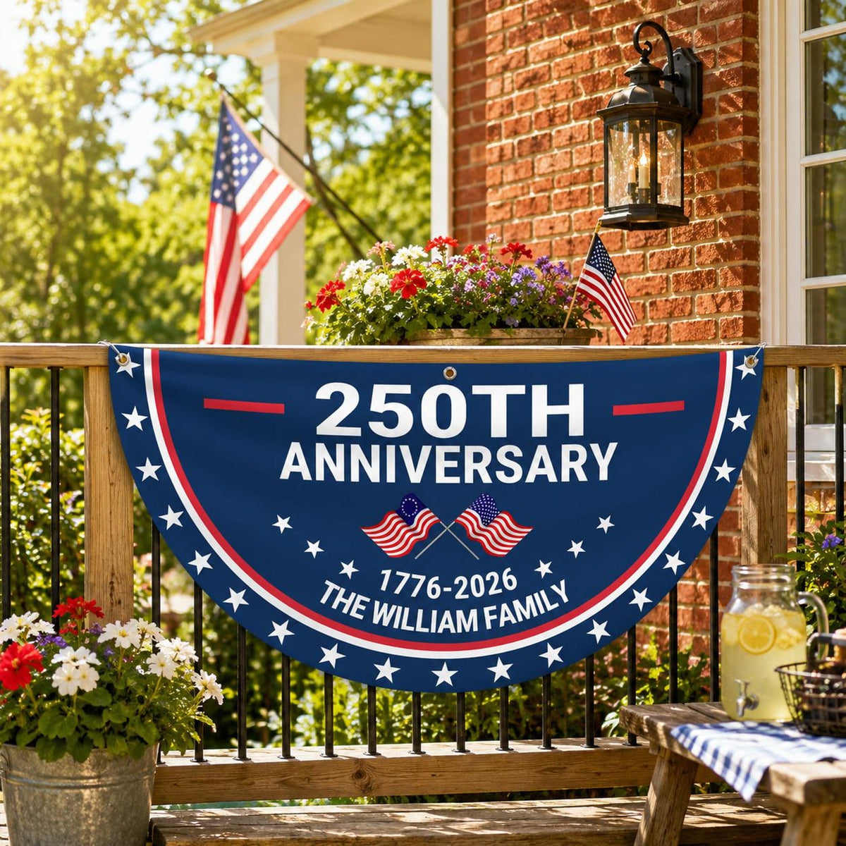 Personalized 250th Anniversary Semicircle Flag, Custom Family Name USA 1776 2026 Flag, Independence Day Patriotic Bunting Decor