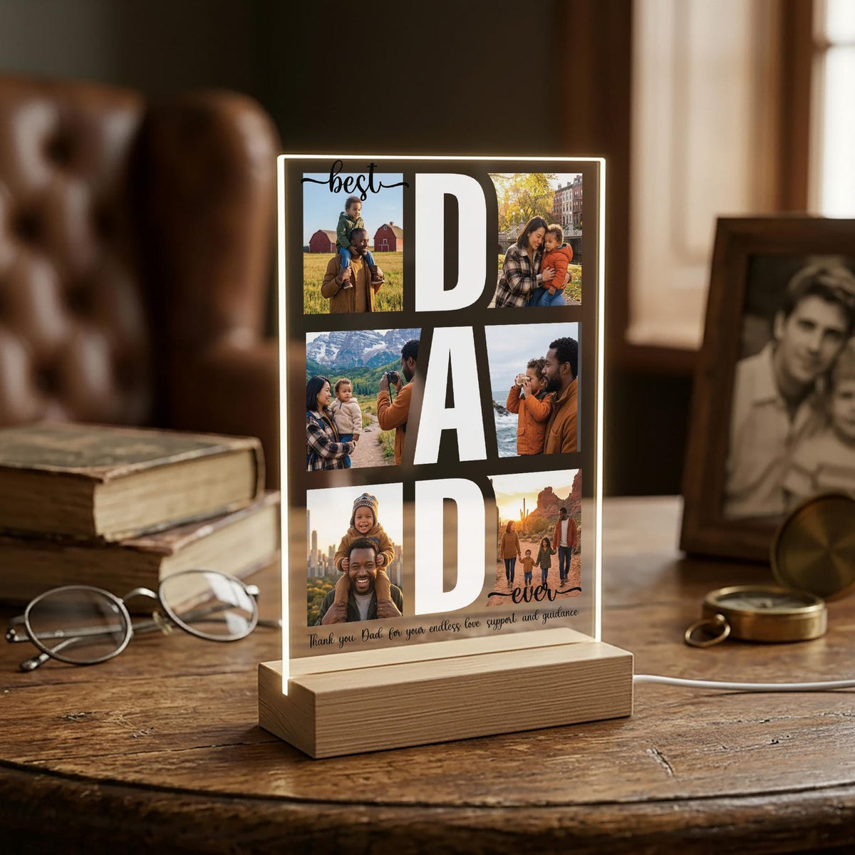 Personalized Best Dad Ever Acrylic Plaque, Custom Photo Collage Gift for Dad, LED Acrylic Father s Day Gift from Kids, Papa Picture Frame