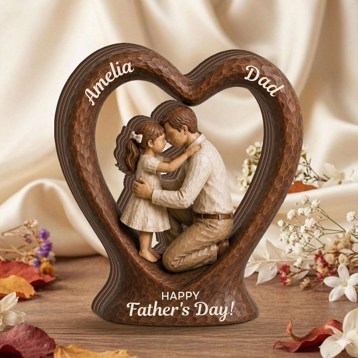 Custom Name Gift for Dad, Personalized Dad Kids Heart 2D FLAT Wooden Block, Father Child Keepsake, Family Wooden Decor, Fathers Day Gift