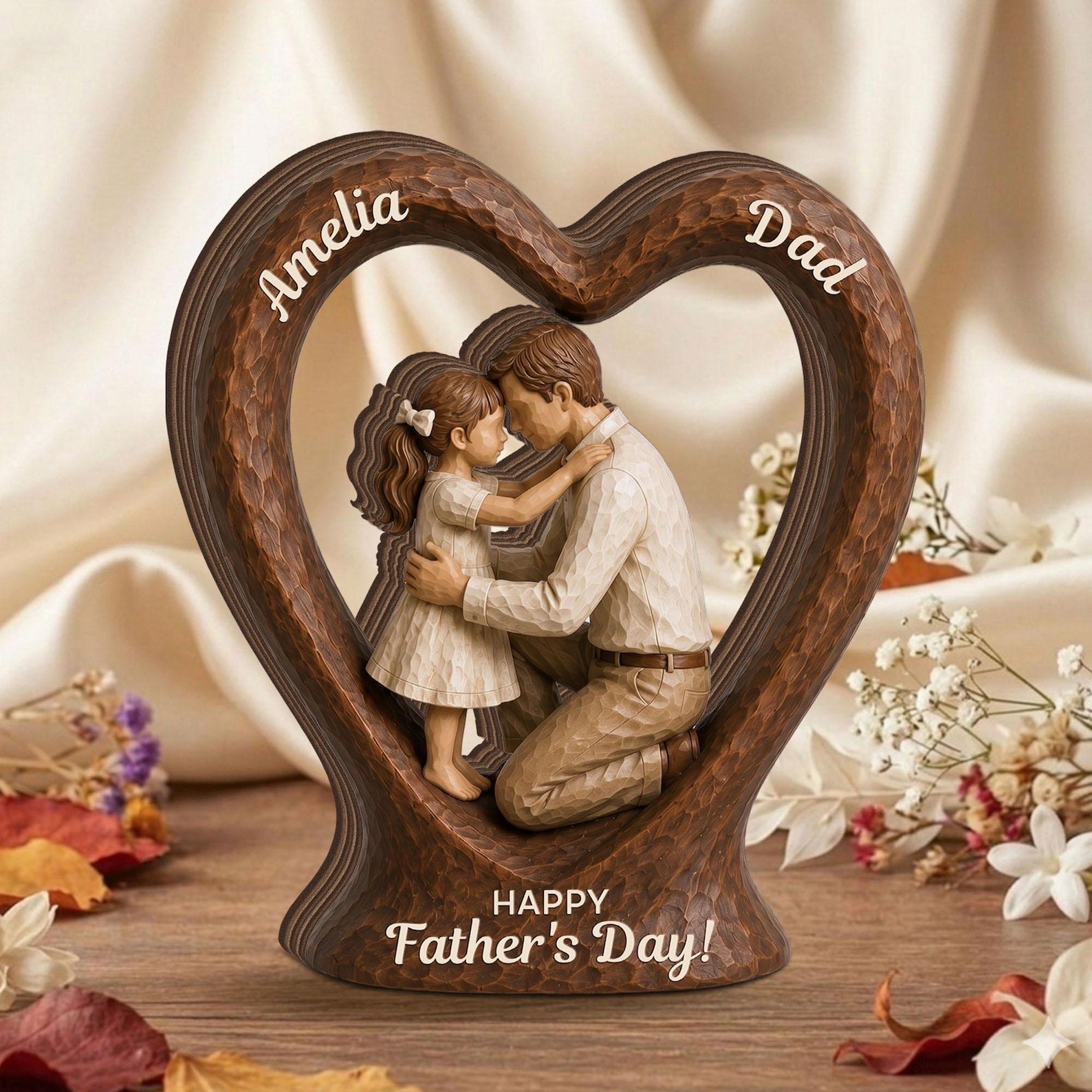 Custom Name Gift for Dad, Personalized Dad Kids Heart 2D FLAT Wooden Block, Father Child Keepsake, Family Wooden Decor, Fathers Day Gift