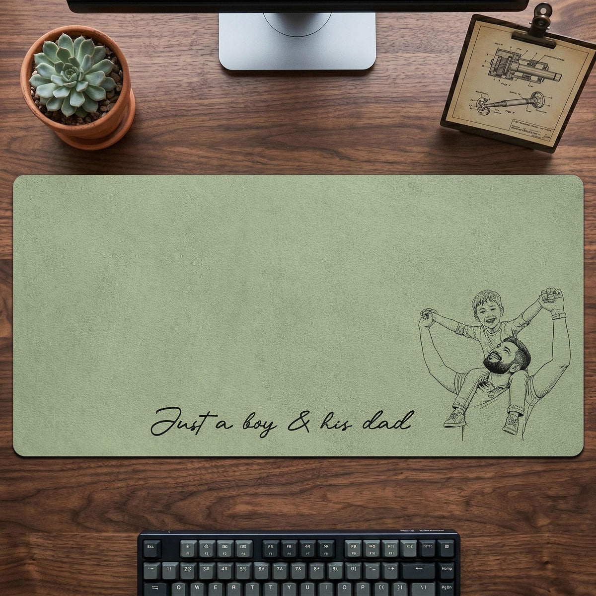 Personalized Dad We Love You Custom Photo Sketch Line Art Desk Mat, Father's Day Gift For Husband, Daddy & Kid Picture Desk Pad Mouse Mat