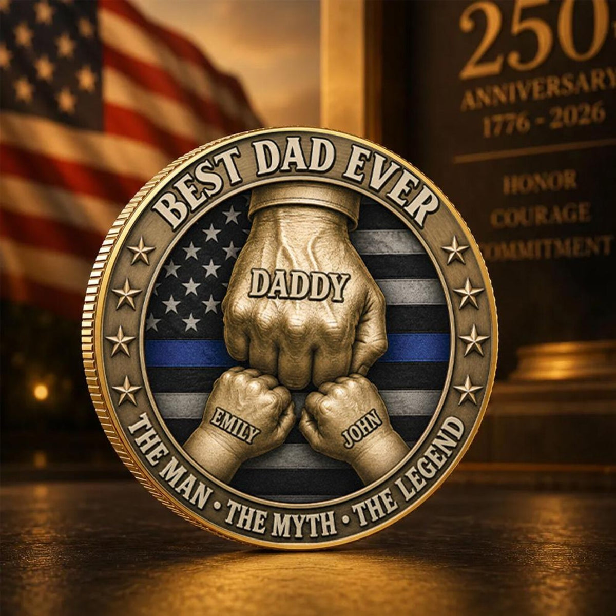 Personalized Best Dad Ever Challenge Coin, Custom Daddy Coin Gift, Thin Blue Line Police Dad Gift, Father s Day Keepsake