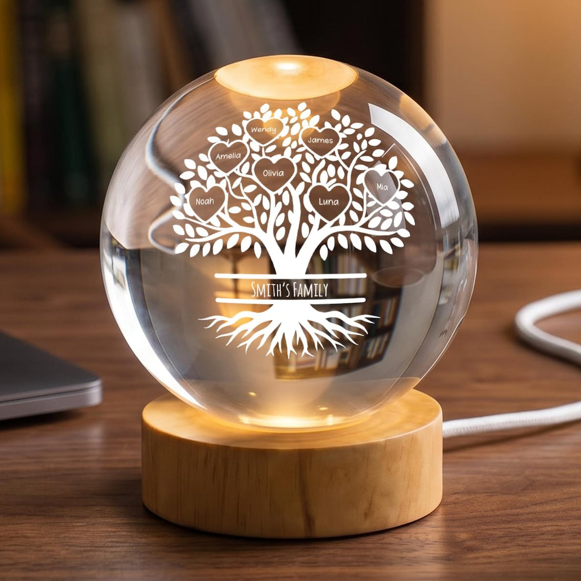Custom Family Crystal Ball Night Light, Tree Of Life Glass Orb Lamp, Meaningful Gift For Daughter, Cozy Bedroom Decor, Spiritual Keepsake