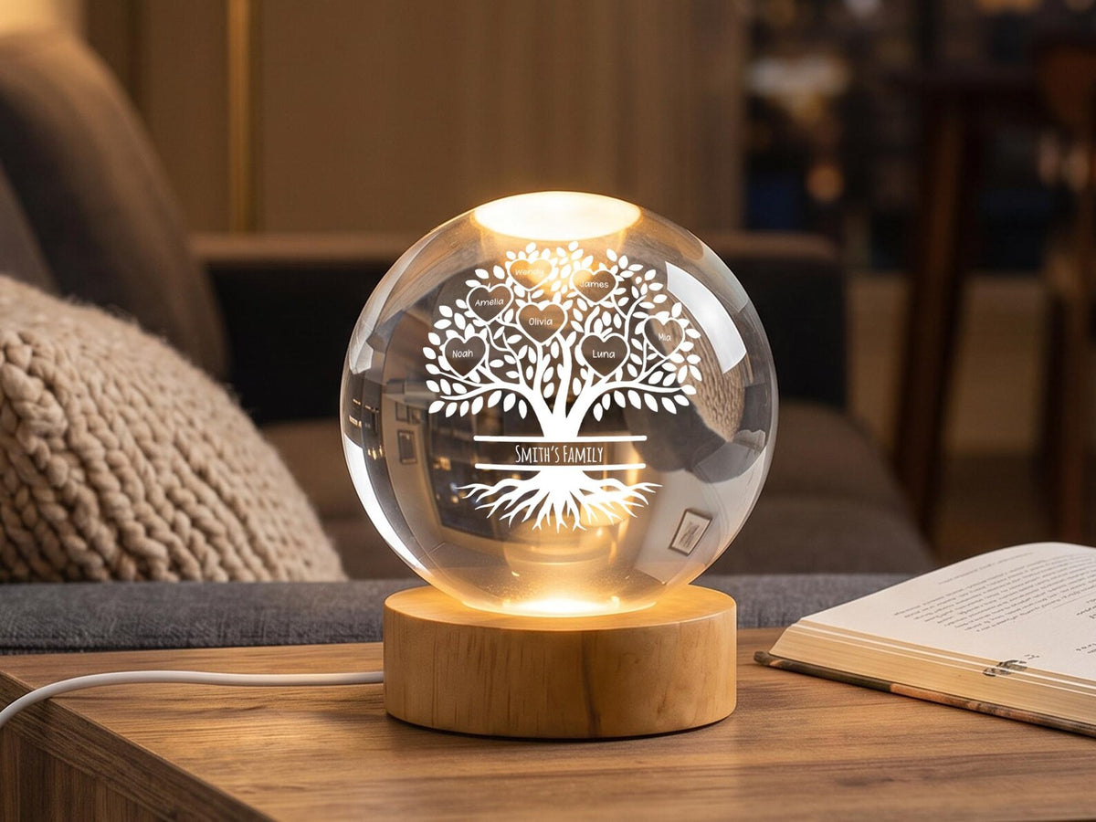 Custom Family Crystal Ball Night Light, Tree Of Life Glass Orb Lamp, Meaningful Gift For Daughter, Cozy Bedroom Decor, Spiritual Keepsake